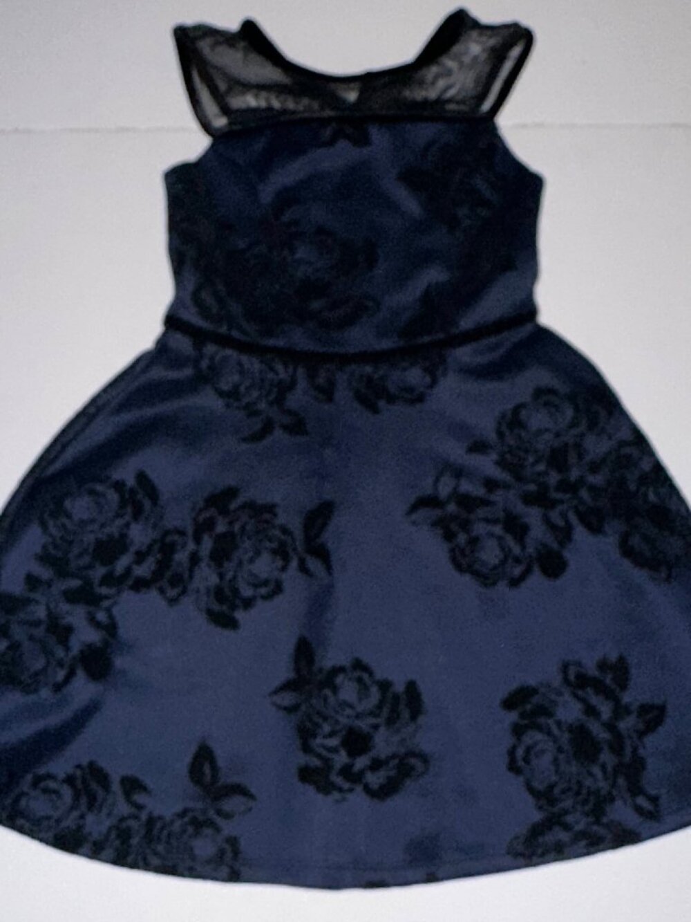 ZUNIE GIRLS SIZE 7 SPECIAL OCCASION DRESS Navy Blue with floral sheer shoulders